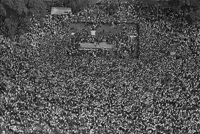 This is an aerial image of the marchers at the 1963 March on Washington. Image from the Library of Congress.
