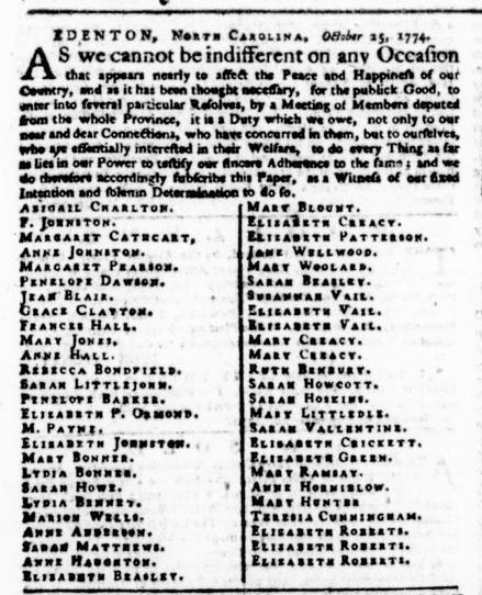 Excerpt of the November 3, 1774 Postscript edition of the Virginia Gazette showing the political statement of fifty-one women from Edenton, N.C.