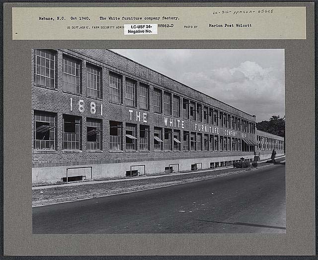 Black and white photograph of the White Furniture Company Factory, in Mebane, N.C., by Marion Post Wolcott, taken October 1940. From the Library of Congress Prints & Photographs Online Catalog. 
