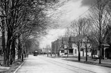 Street view with streetcar in background