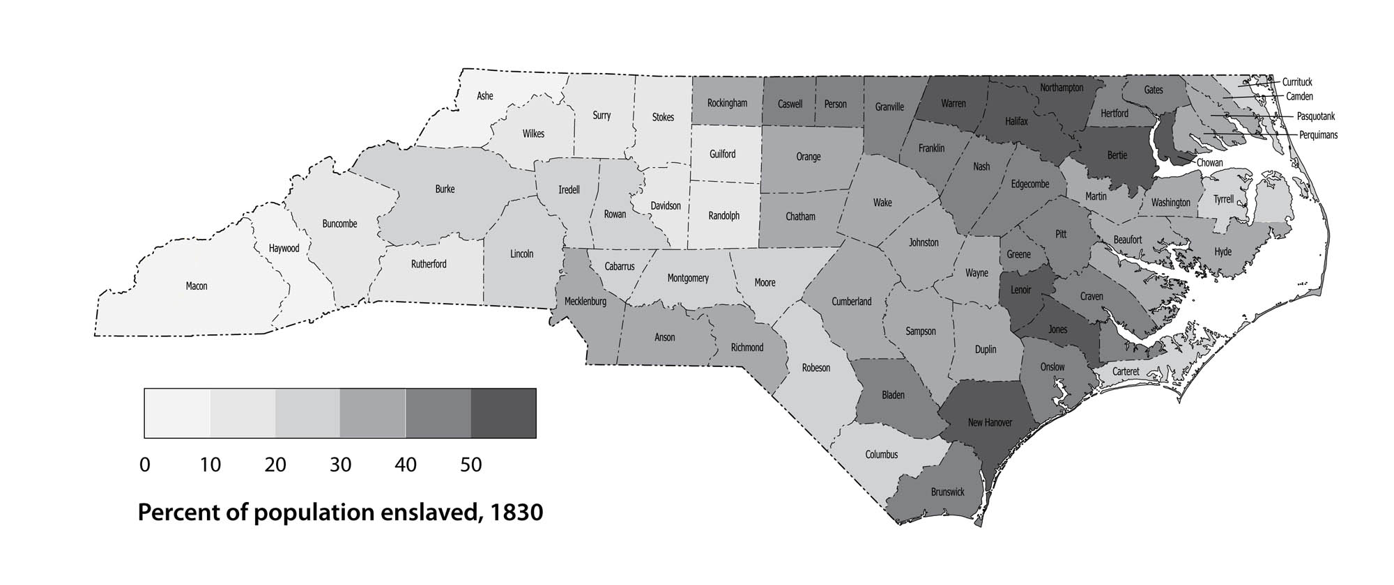 North Carolina population: Percent enslaved by county, 1830